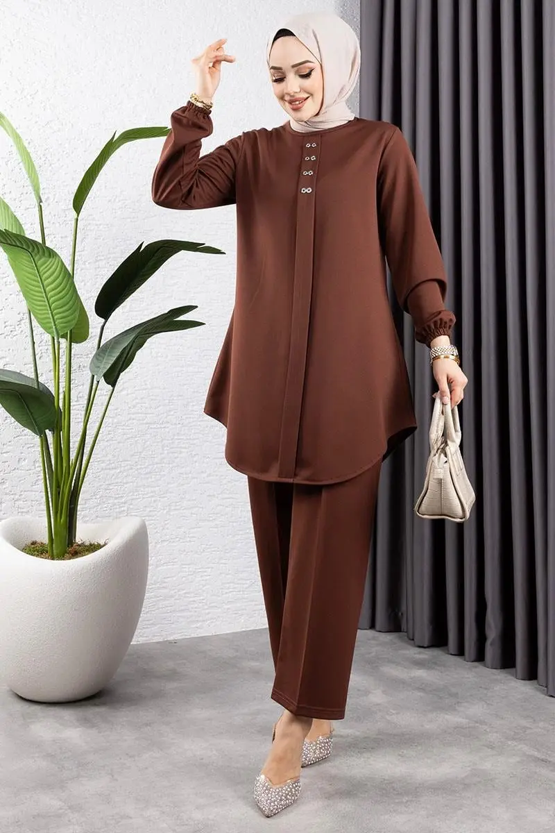 Önden Patlı Krep Takım Kahverengi-detail
