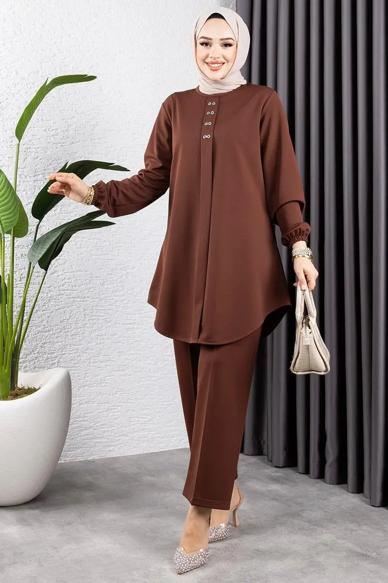 Önden Patlı Krep Takım Kahverengi-detail