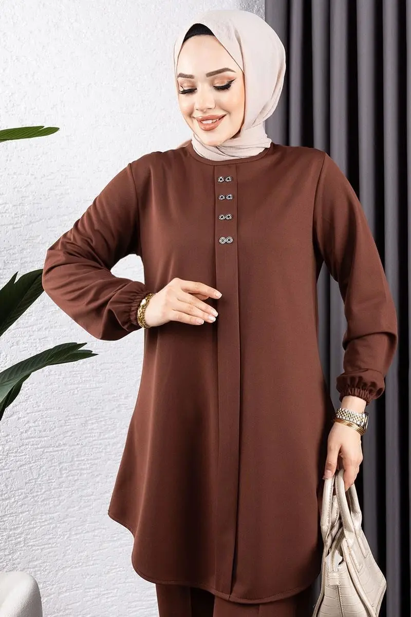 Önden Patlı Krep Takım Kahverengi-detail