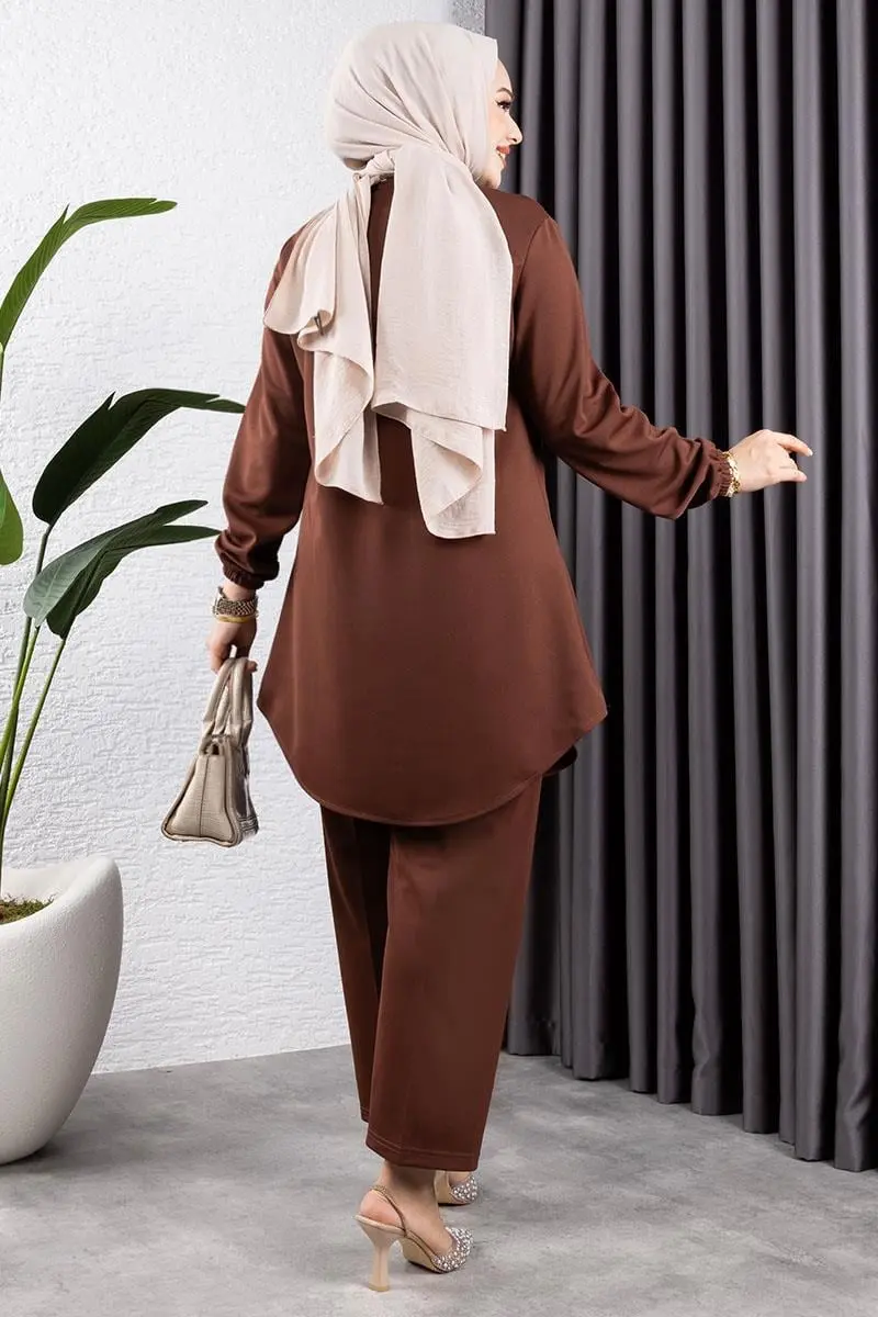 Önden Patlı Krep Takım Kahverengi-detail