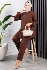 Önden Patlı Krep Takım Kahverengi