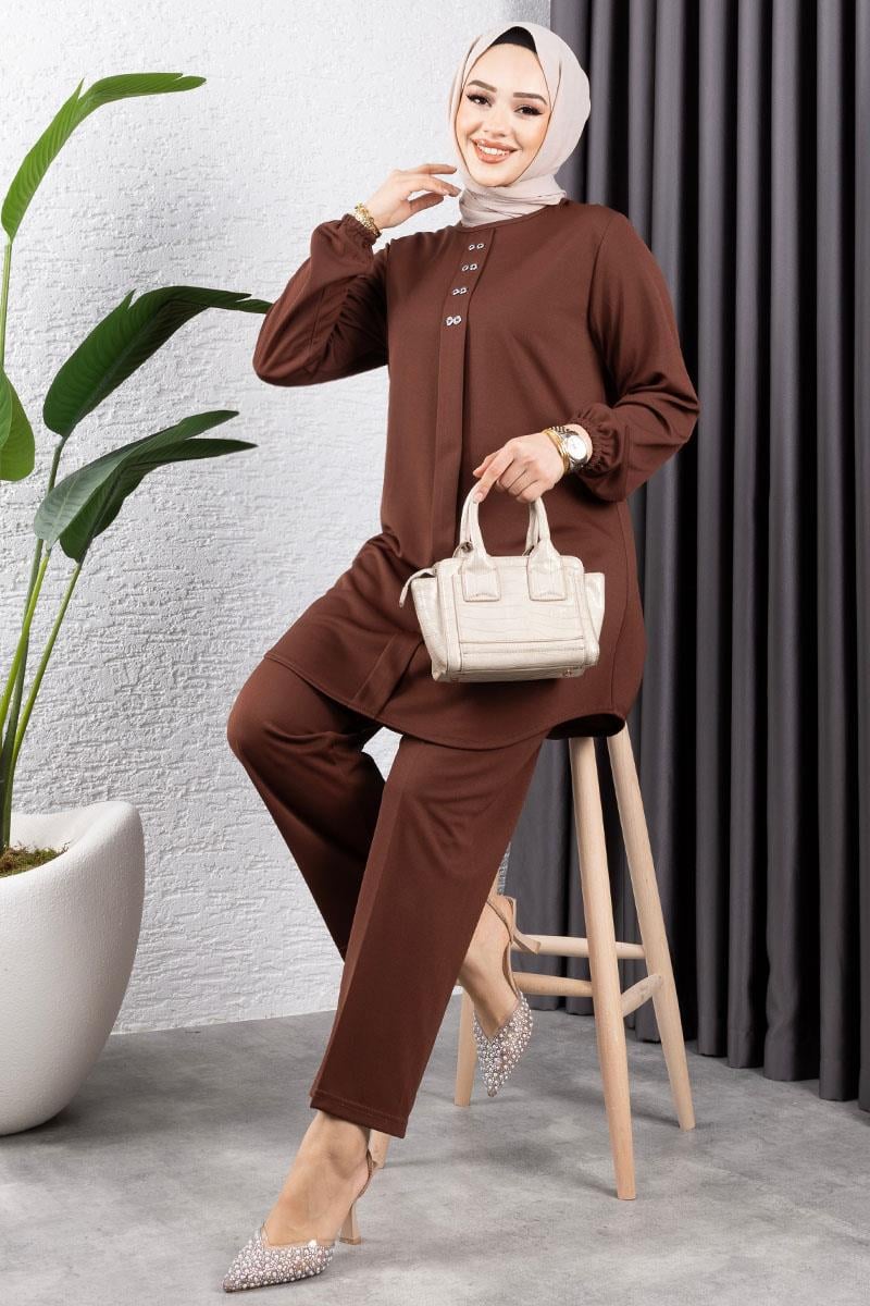 Önden Patlı Krep Takım Kahverengi