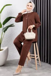 Önden Patlı Krep Takım Kahverengi