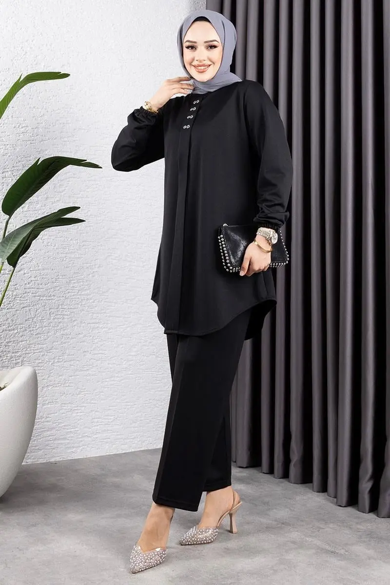 Önden Patlı Krep Takım Siyah-detail