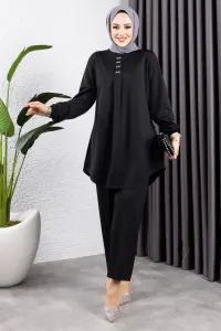Önden Patlı Krep Takım Siyah