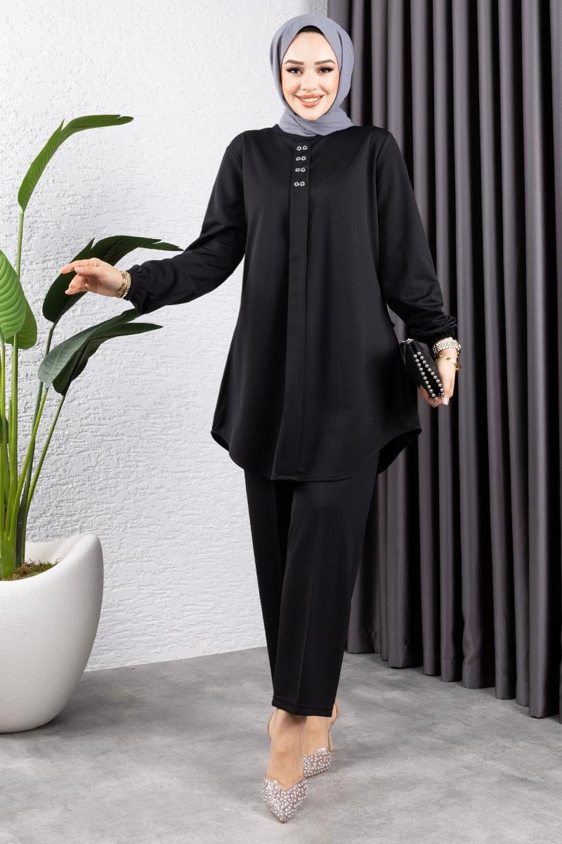 Önden Patlı Krep Takım Siyah