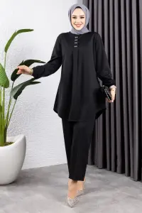 Önden Patlı Krep Takım Siyah