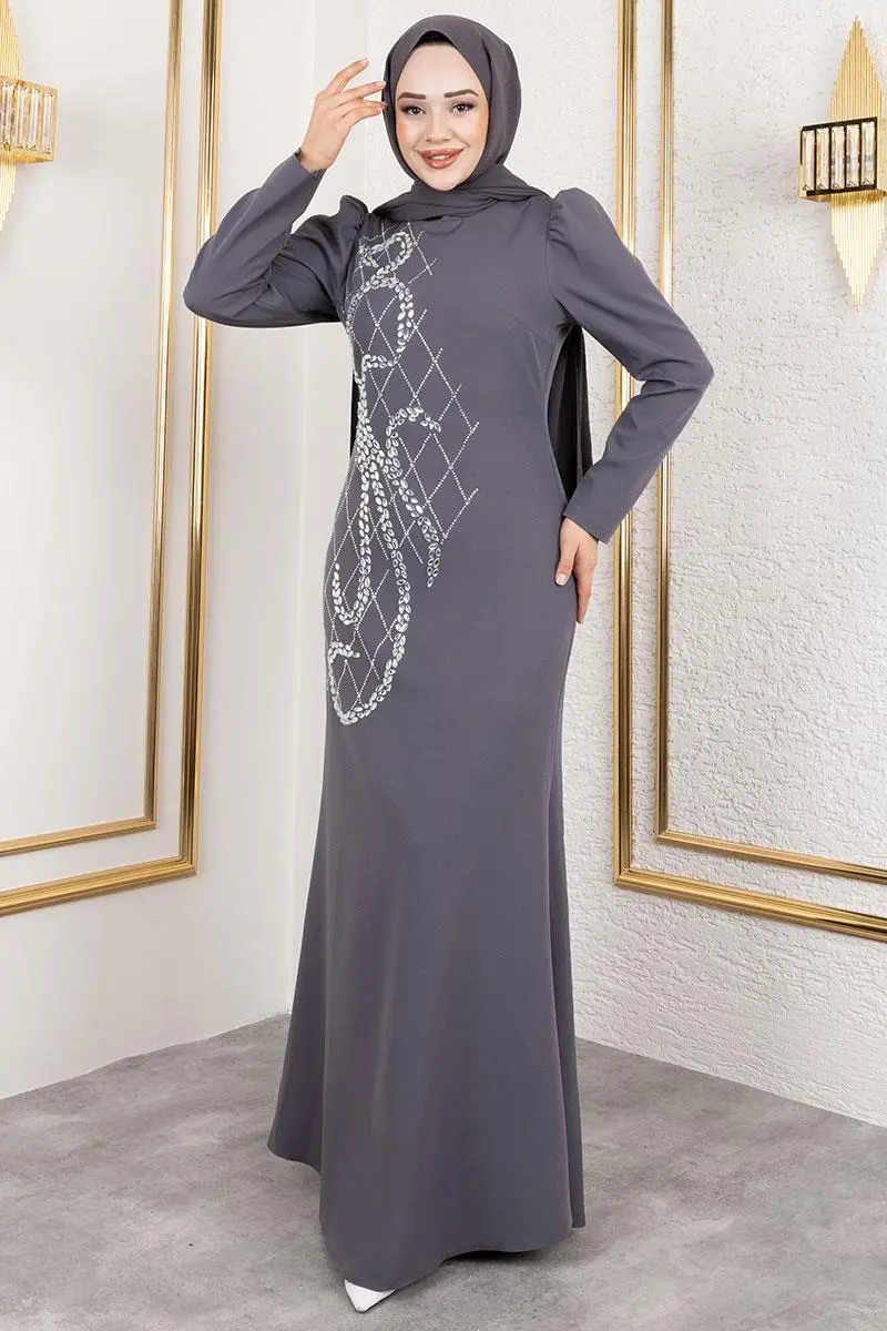 Önden Taş Işlemeli Krep Abiye Gri-detail