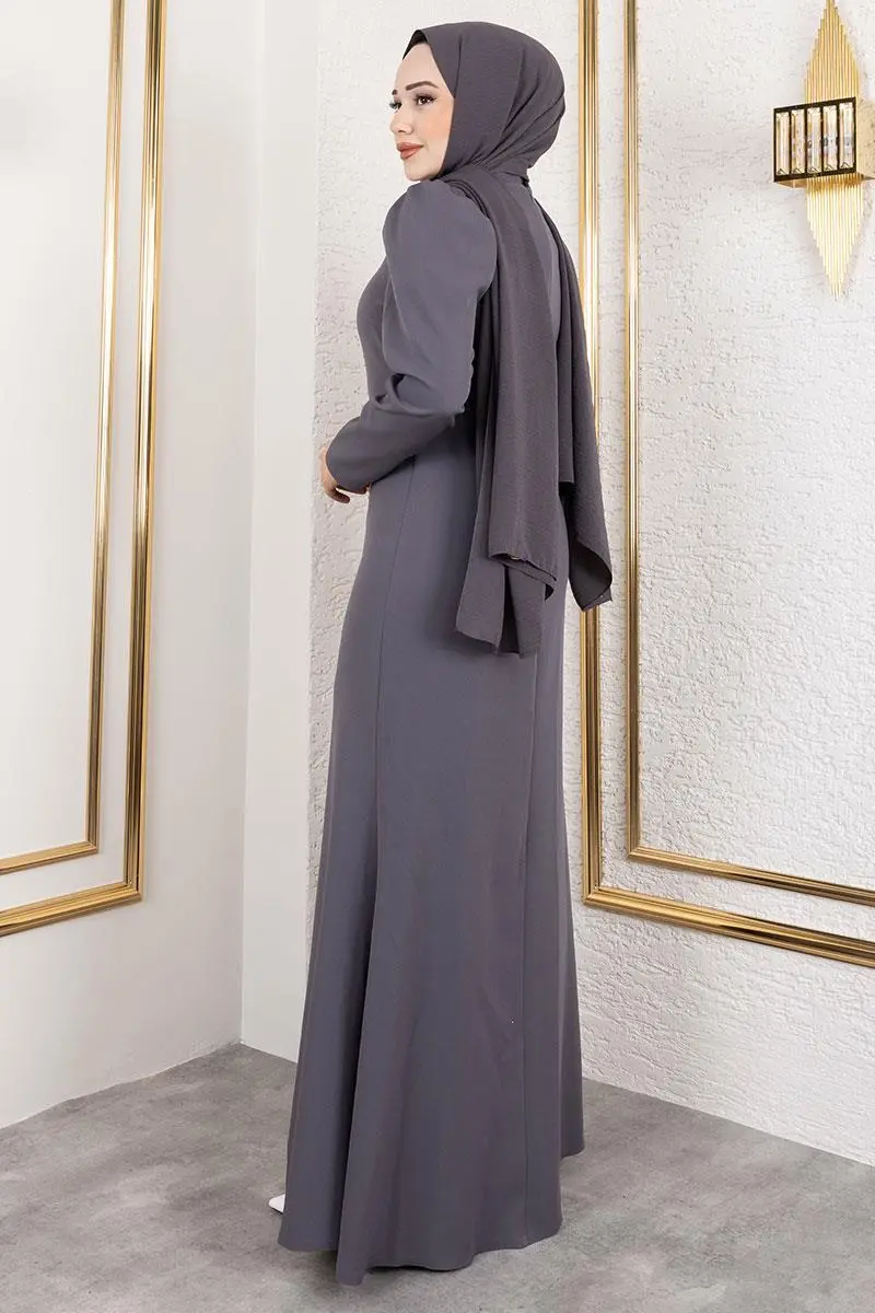 Önden Taş Işlemeli Krep Abiye Gri-detail