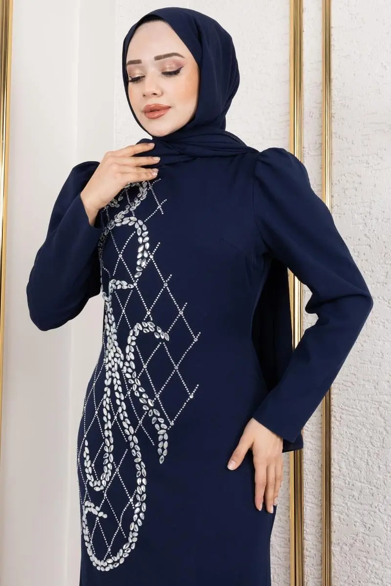 Önden Taş Işlemeli Krep Abiye Lacivert-detail