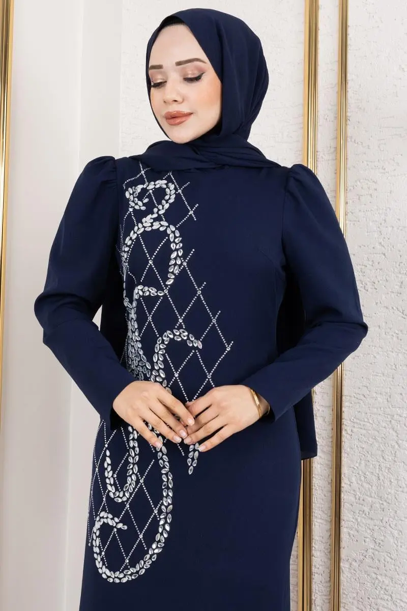 Önden Taş Işlemeli Krep Abiye Lacivert-detail