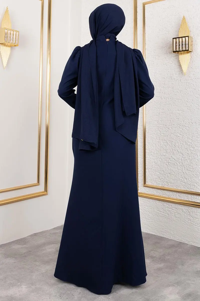 Önden Taş Işlemeli Krep Abiye Lacivert-detail