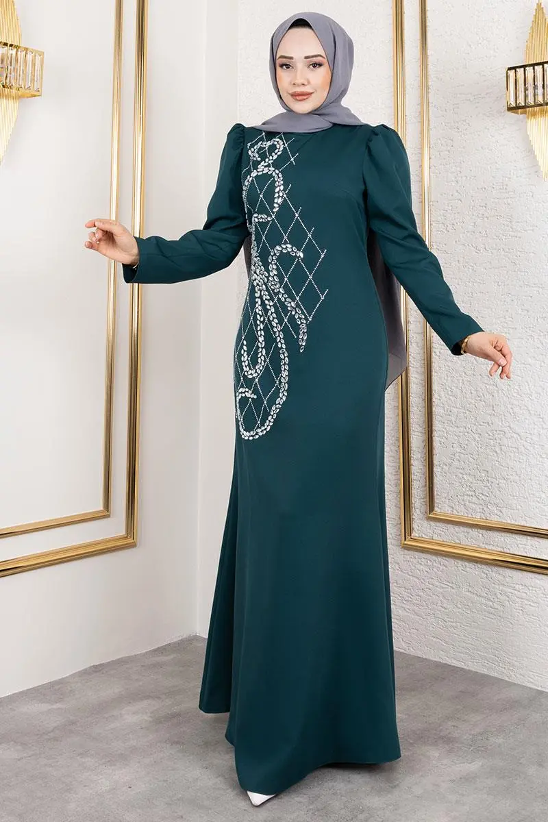 Önden Taş Işlemeli Krep Abiye Zümrüt Yeşili-detail