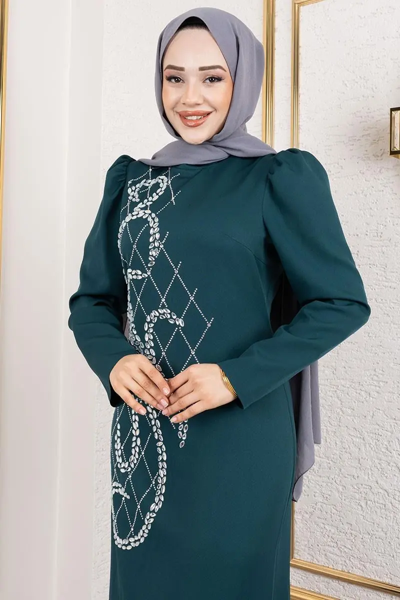 Önden Taş Işlemeli Krep Abiye Zümrüt Yeşili-detail