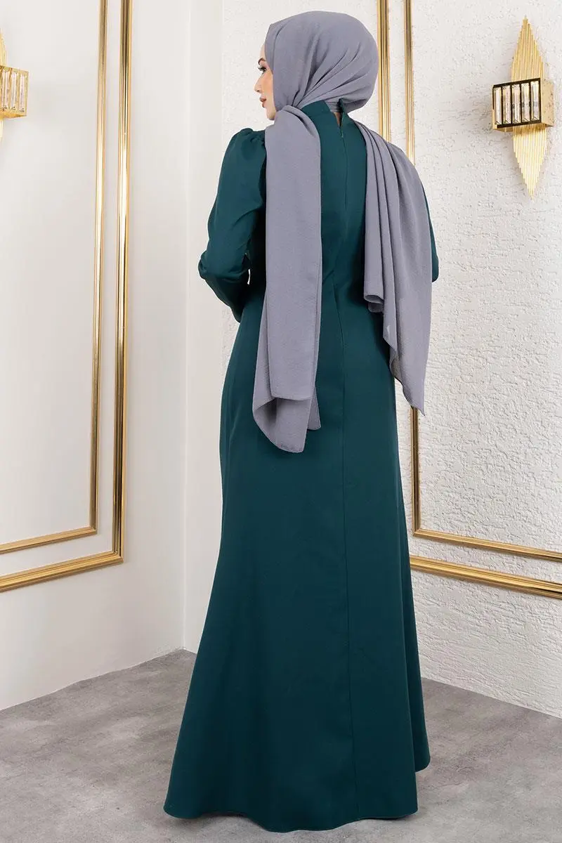 Önden Taş Işlemeli Krep Abiye Zümrüt Yeşili-detail