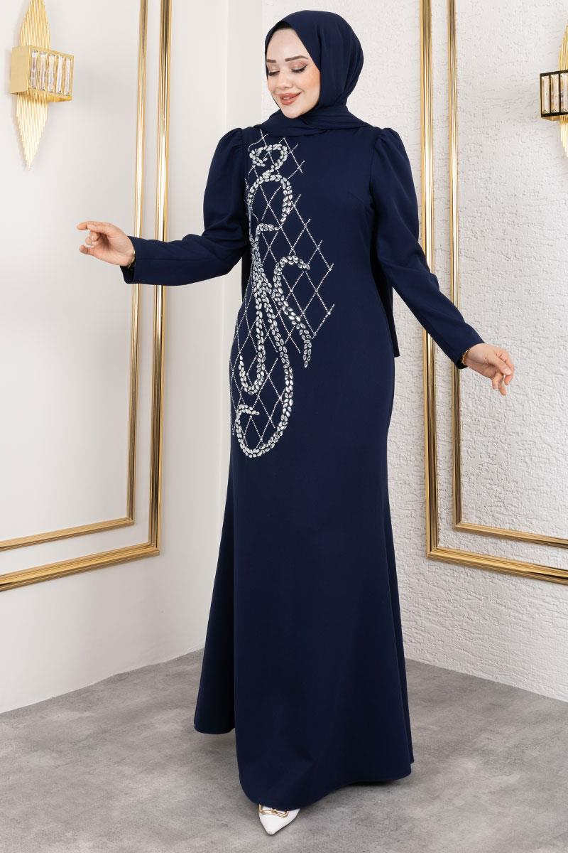 Crepe Evening Dress With Stone Embroidery On The Front