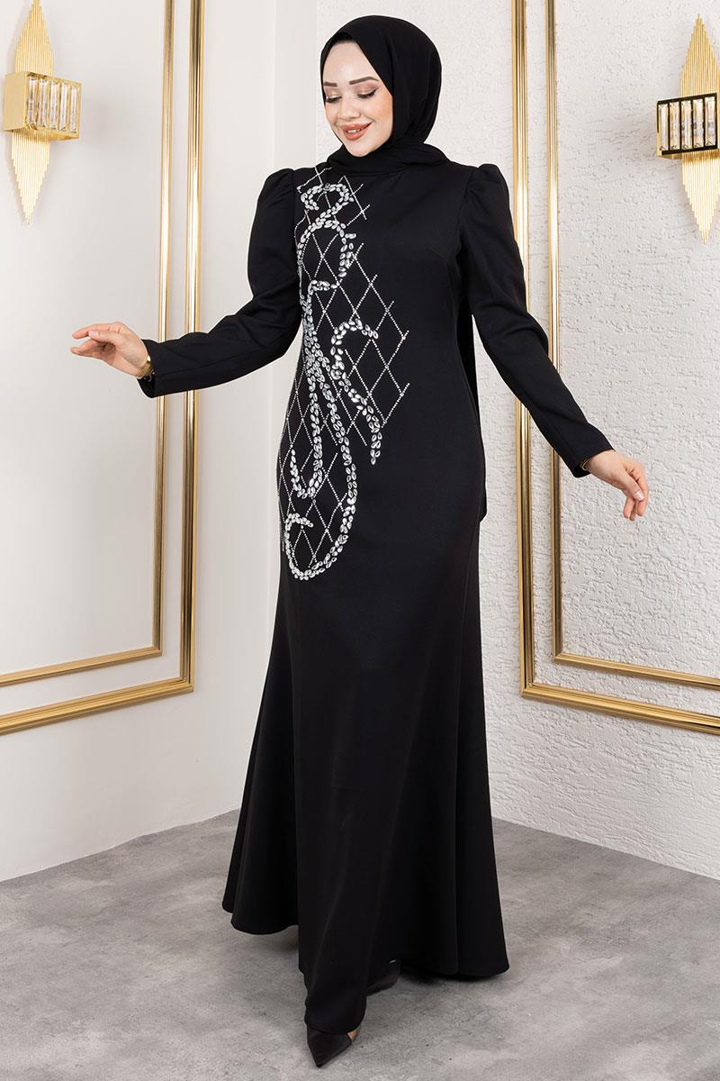 Crepe Evening Dress With Stone Embroidery On The Front
