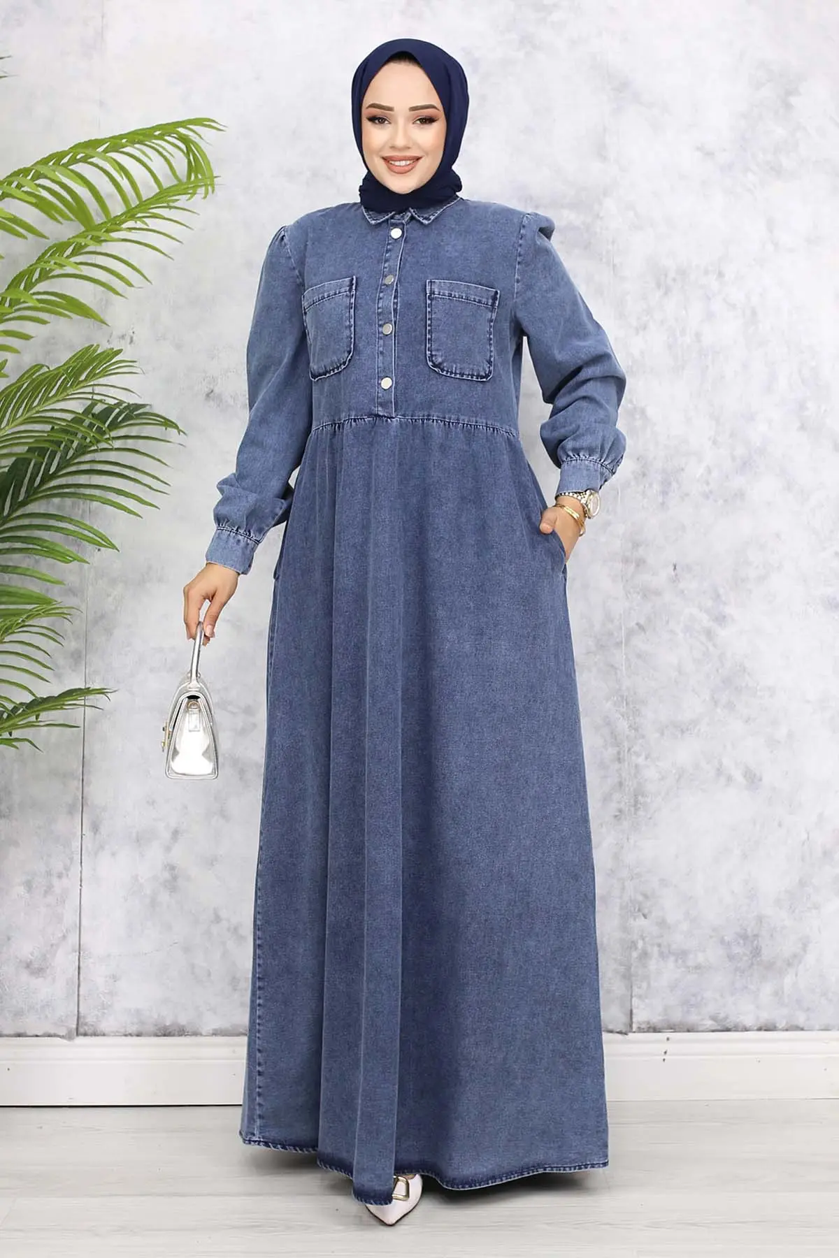 Önü Cep Detaylı Yarım Düğmeli Kot Elbise Lacivert 845-detail
