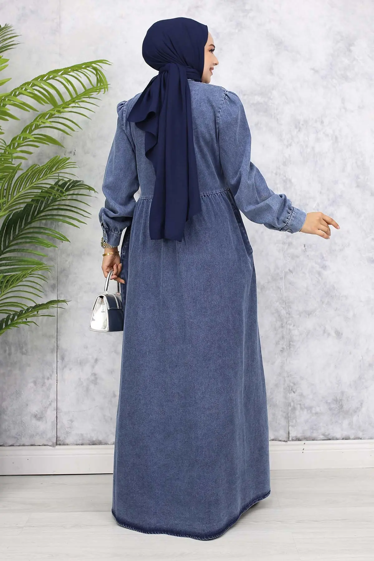 Önü Cep Detaylı Yarım Düğmeli Kot Elbise Lacivert 845-detail