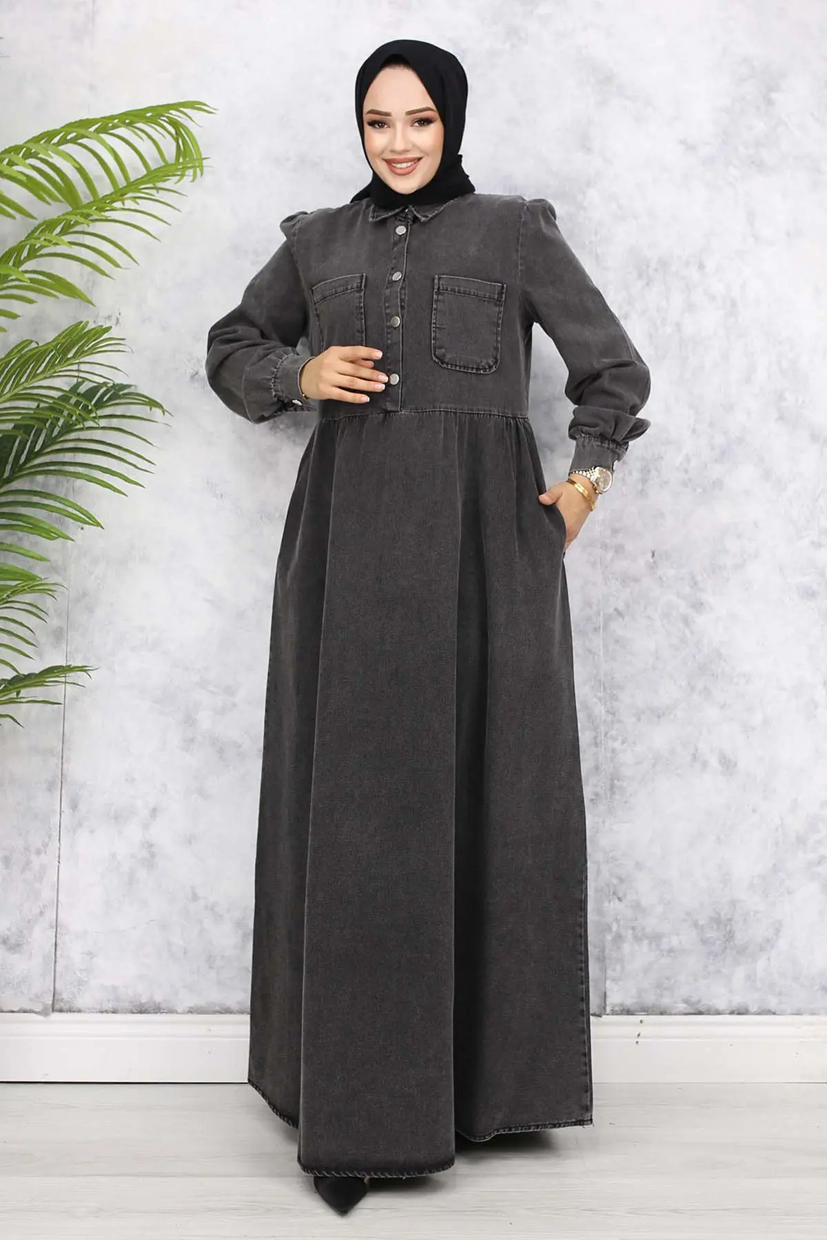 Önü Cep Detaylı Yarım Düğmeli Kot Elbise Siyah 845-detail