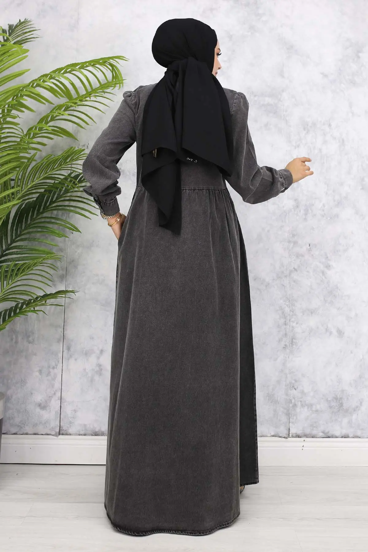 Önü Cep Detaylı Yarım Düğmeli Kot Elbise Siyah 845-detail