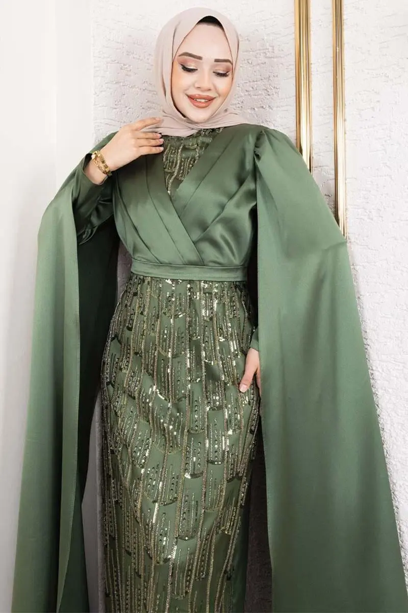 Önü Drape Detaylı Saten Abiye-detail