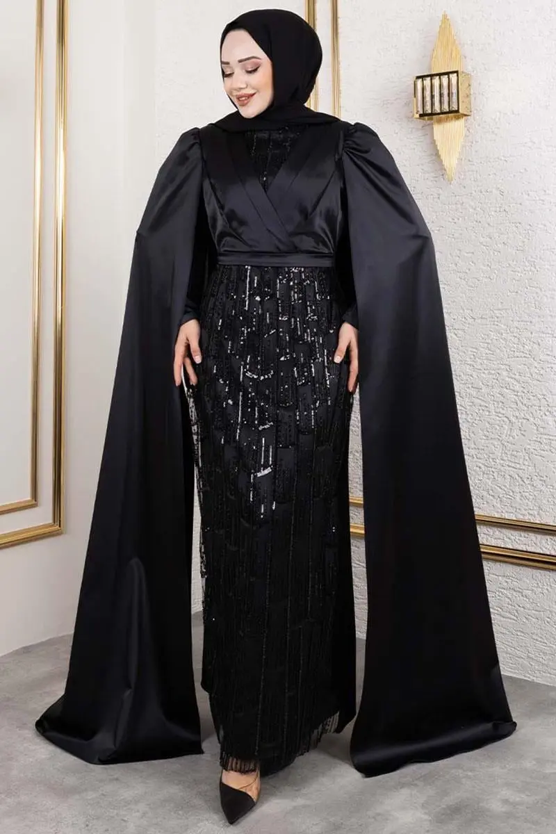 Önü Drape Detaylı Saten Abiye-detail