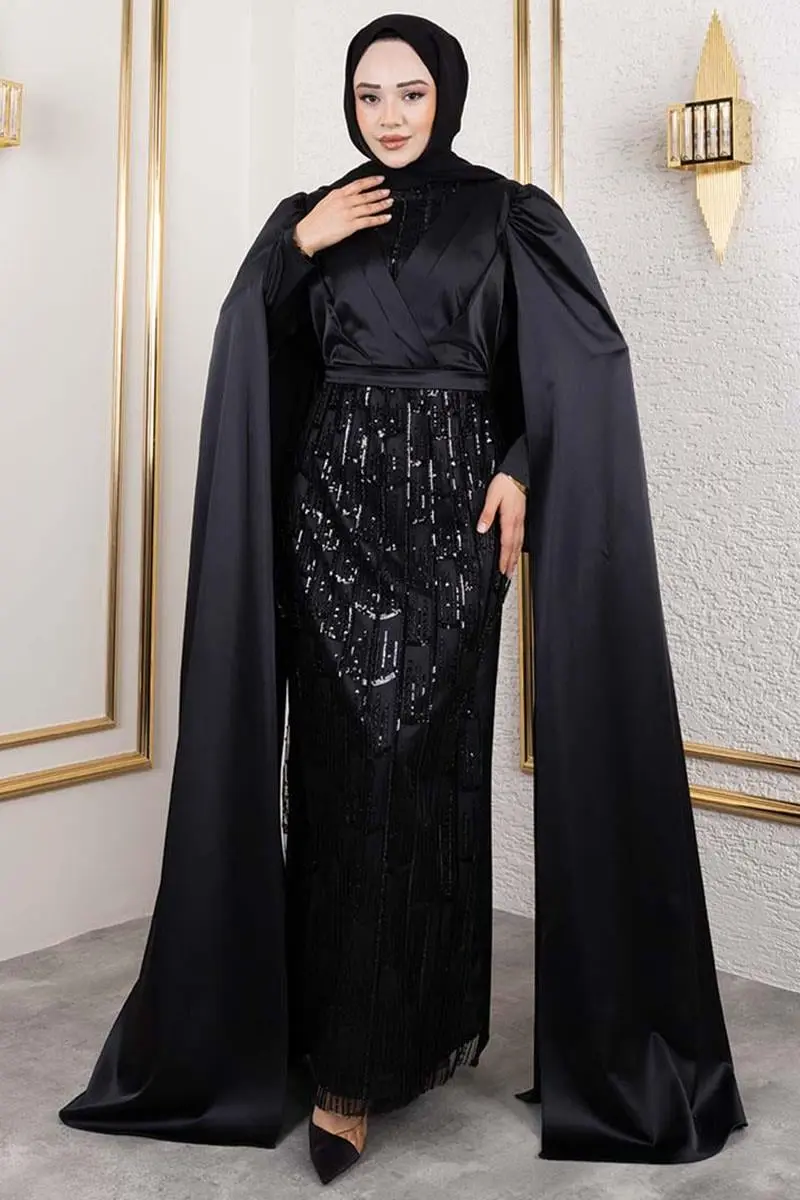 Önü Drape Detaylı Saten Abiye-detail