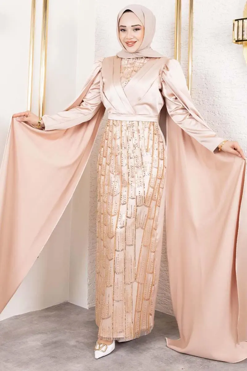 Önü Drape Detaylı Saten Abiye-detail