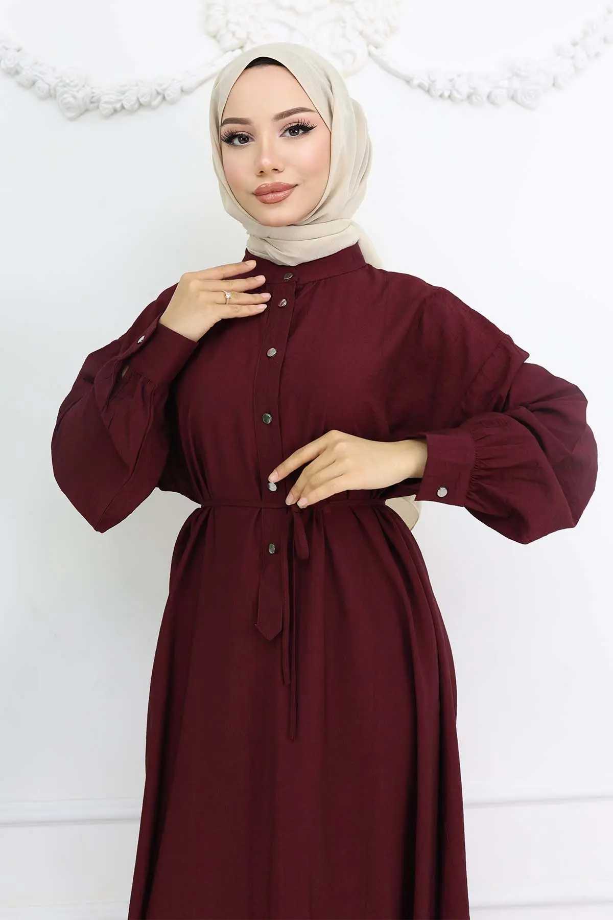 Önü Düğmeli Bağlamalı Elbise Bordo 2242-detail