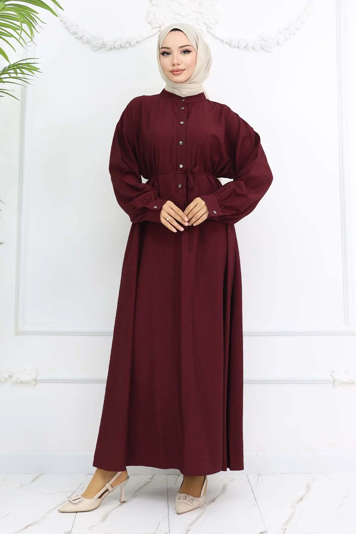 Önü Düğmeli Bağlamalı Elbise Bordo 2242-detail