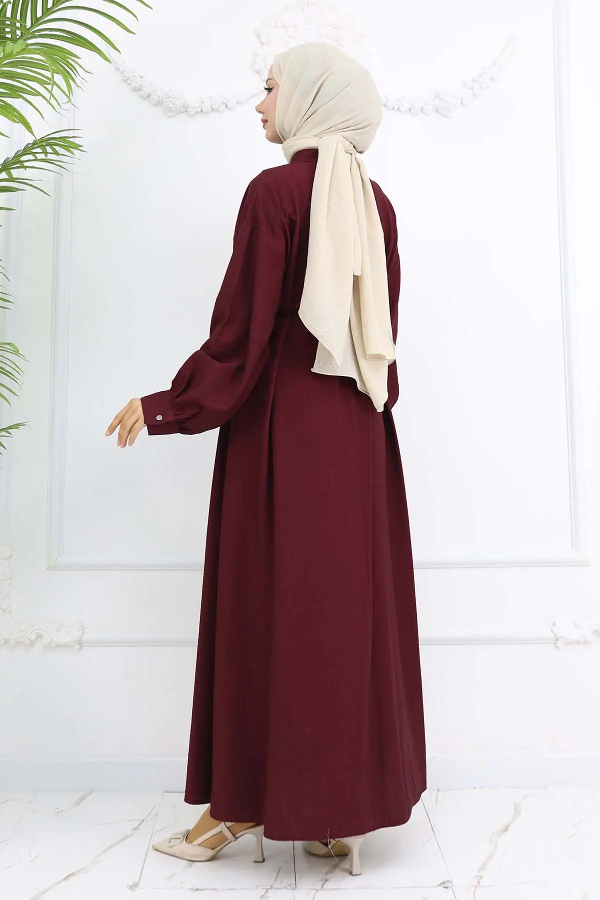 Önü Düğmeli Bağlamalı Elbise Bordo 2242-detail