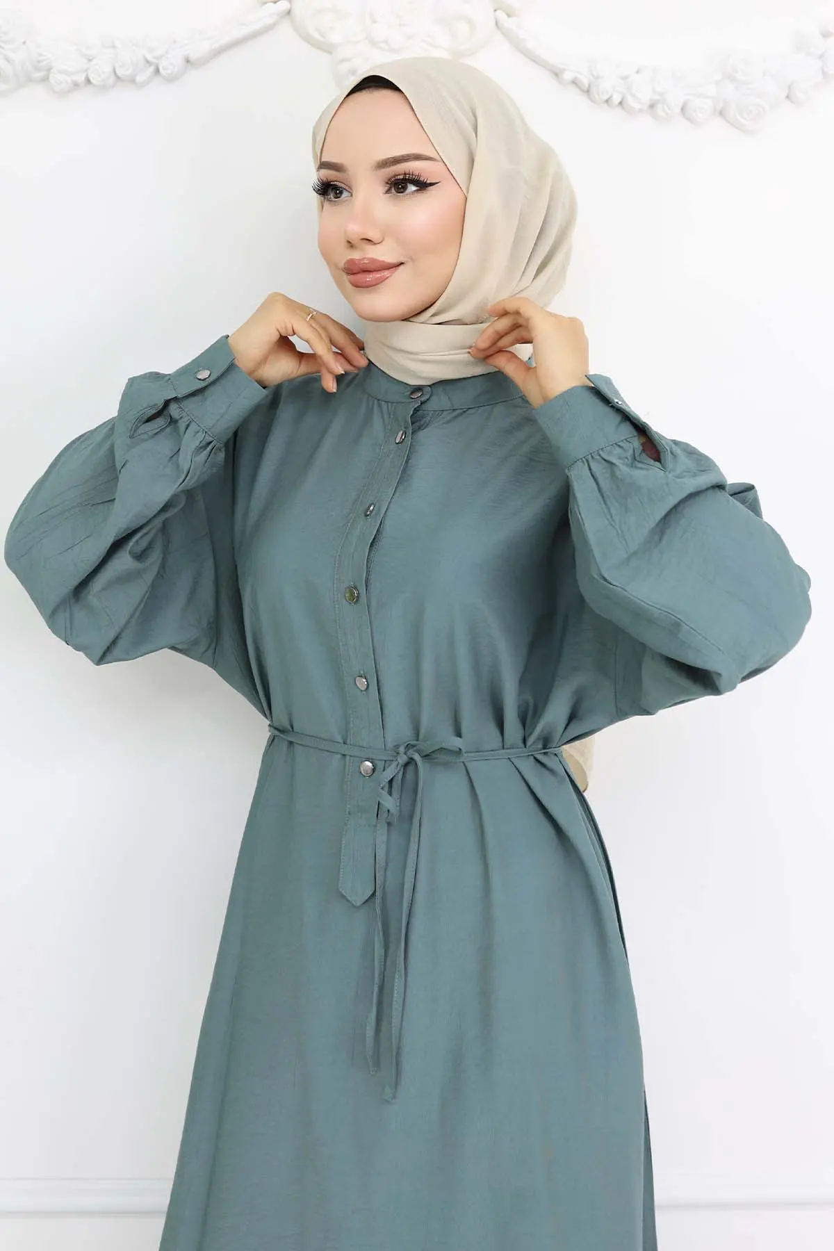 Önü Düğmeli Bağlamalı Elbise Çağla 2242-detail