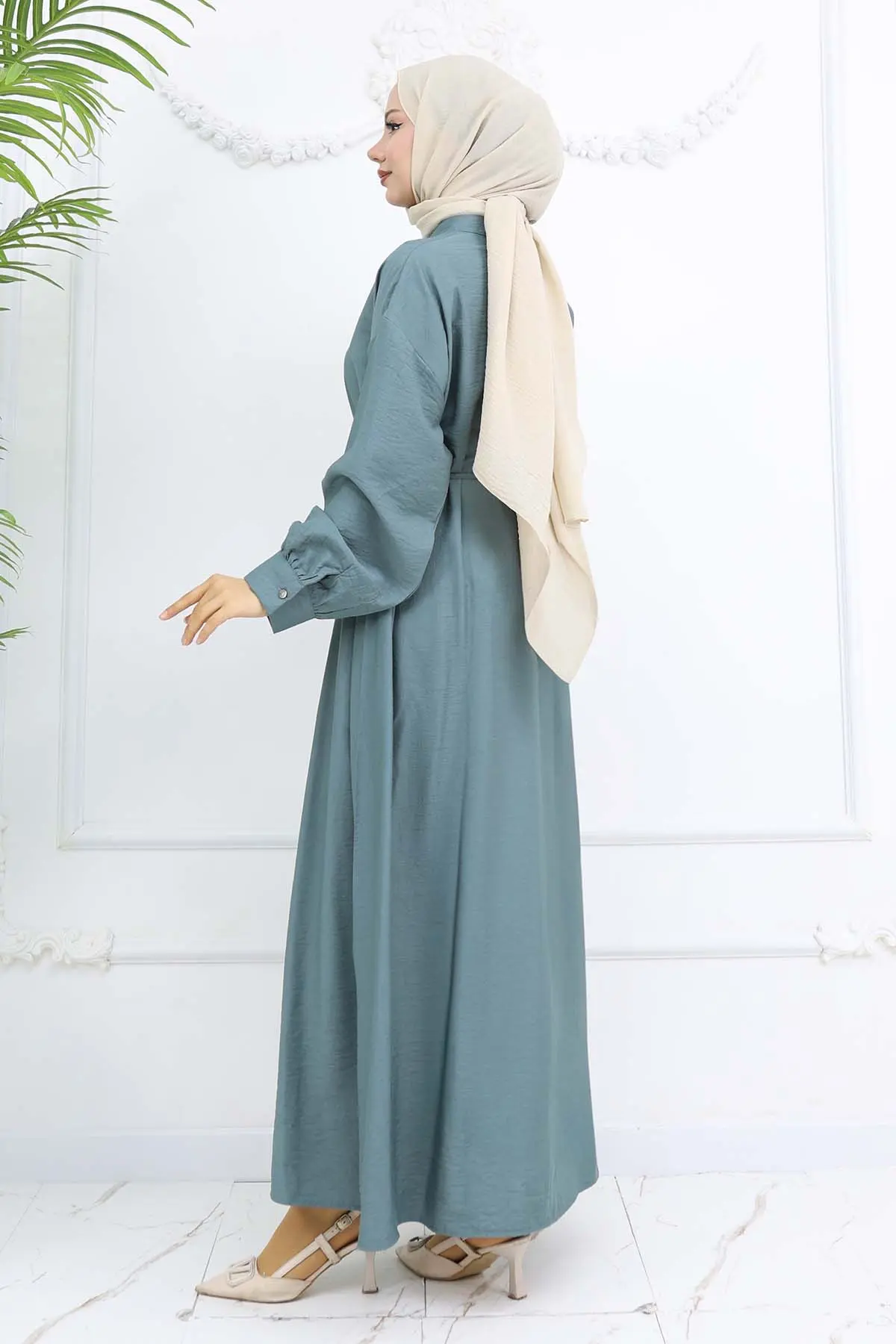 Önü Düğmeli Bağlamalı Elbise Çağla 2242-detail