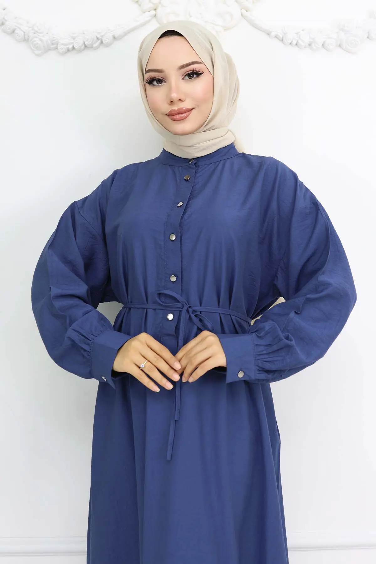 Önü Düğmeli Bağlamalı Elbise Lacivert 2242-detail