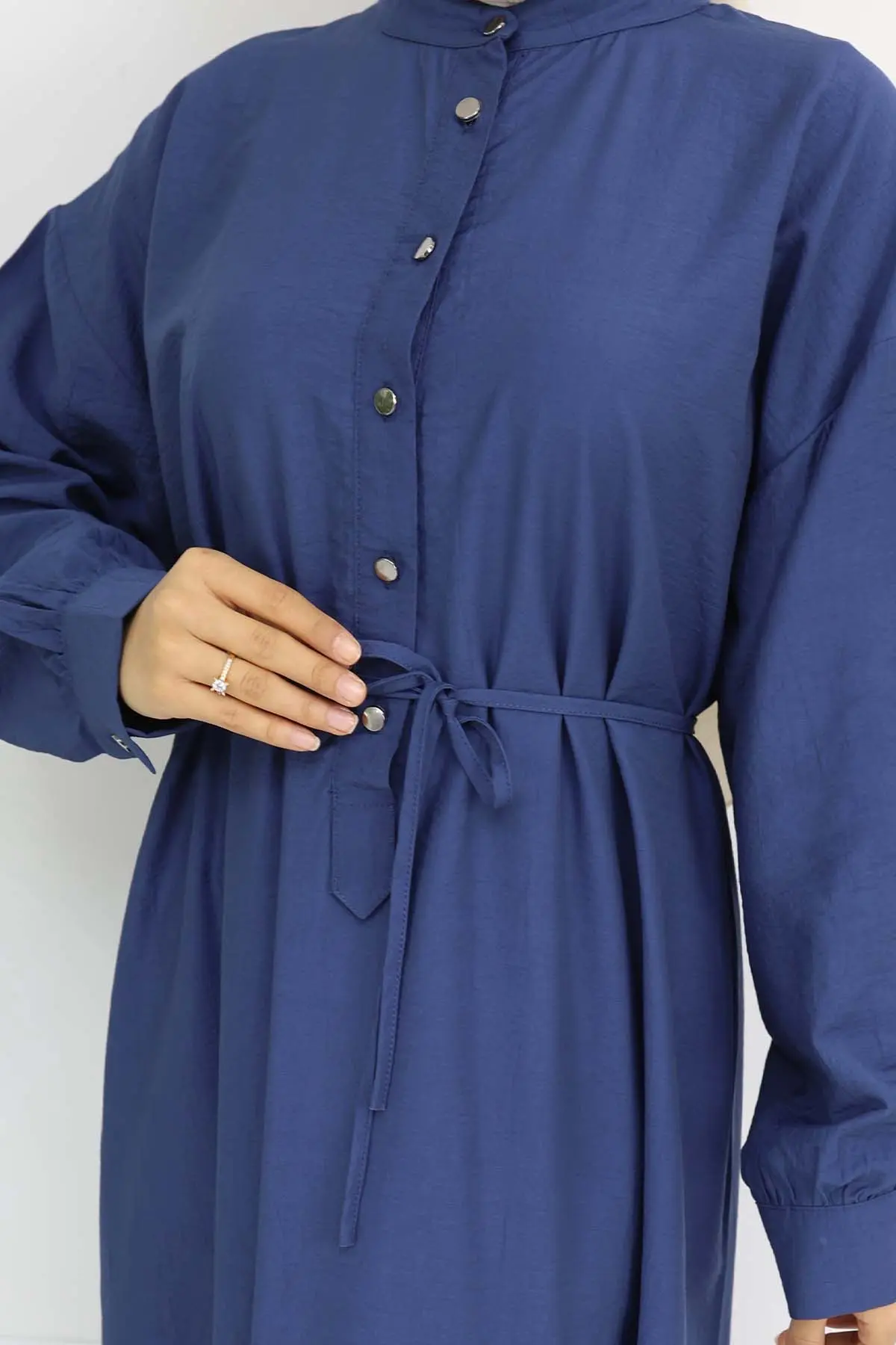 Önü Düğmeli Bağlamalı Elbise Lacivert 2242-detail