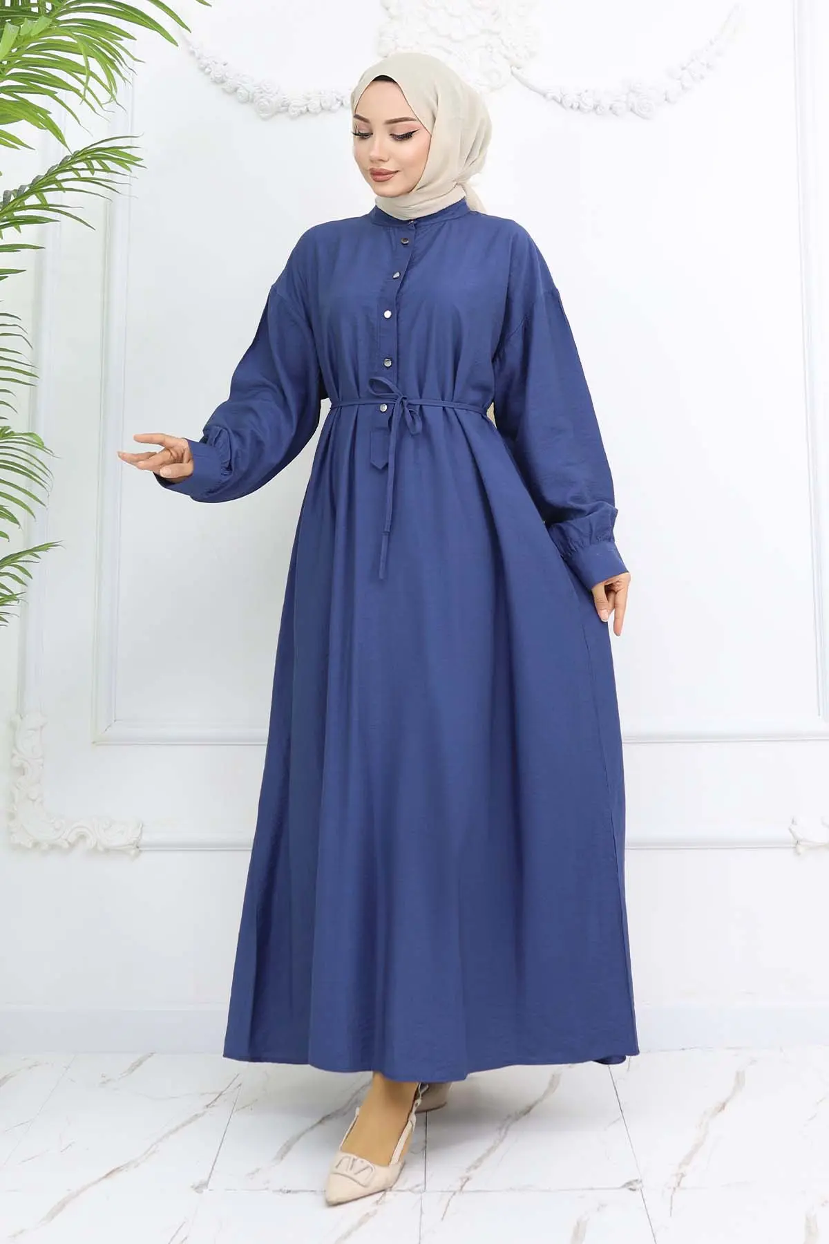 Önü Düğmeli Bağlamalı Elbise Lacivert 2242-detail