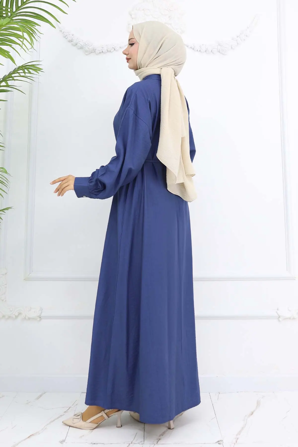 Önü Düğmeli Bağlamalı Elbise Lacivert 2242-detail