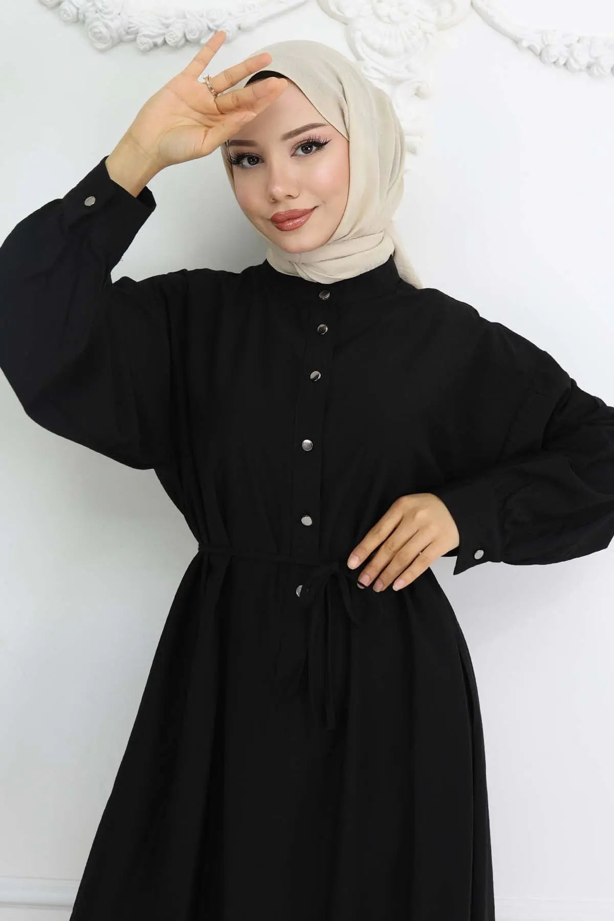 Önü Düğmeli Bağlamalı Elbise Siyah 2242-detail