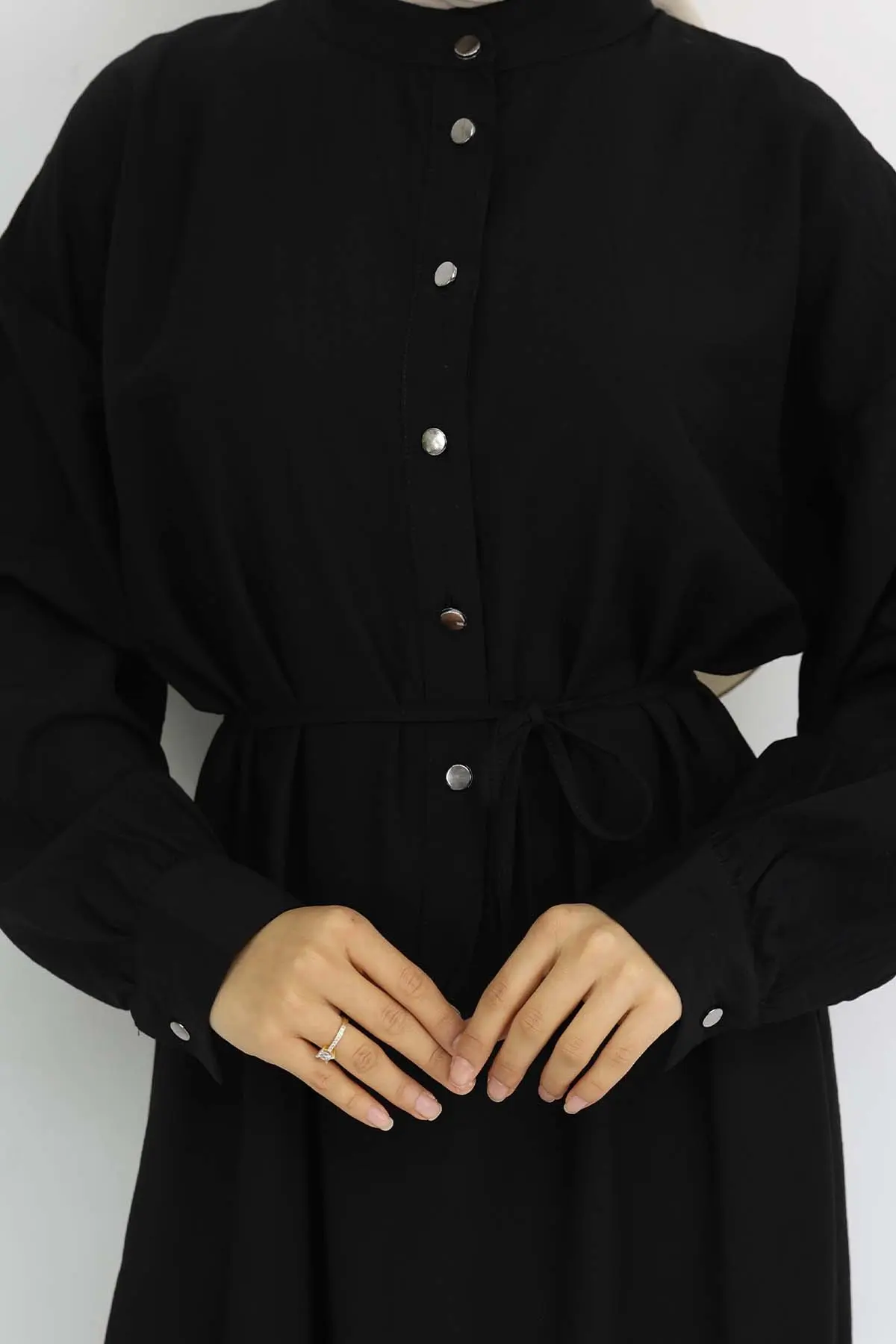 Önü Düğmeli Bağlamalı Elbise Siyah 2242-detail