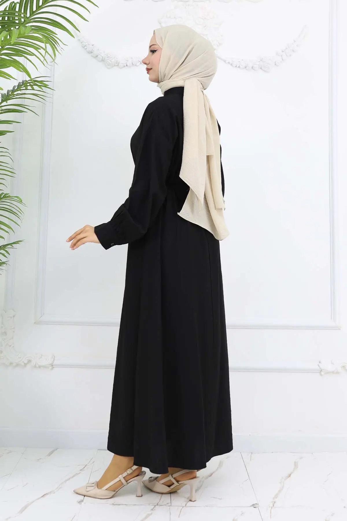 Önü Düğmeli Bağlamalı Elbise Siyah 2242-detail