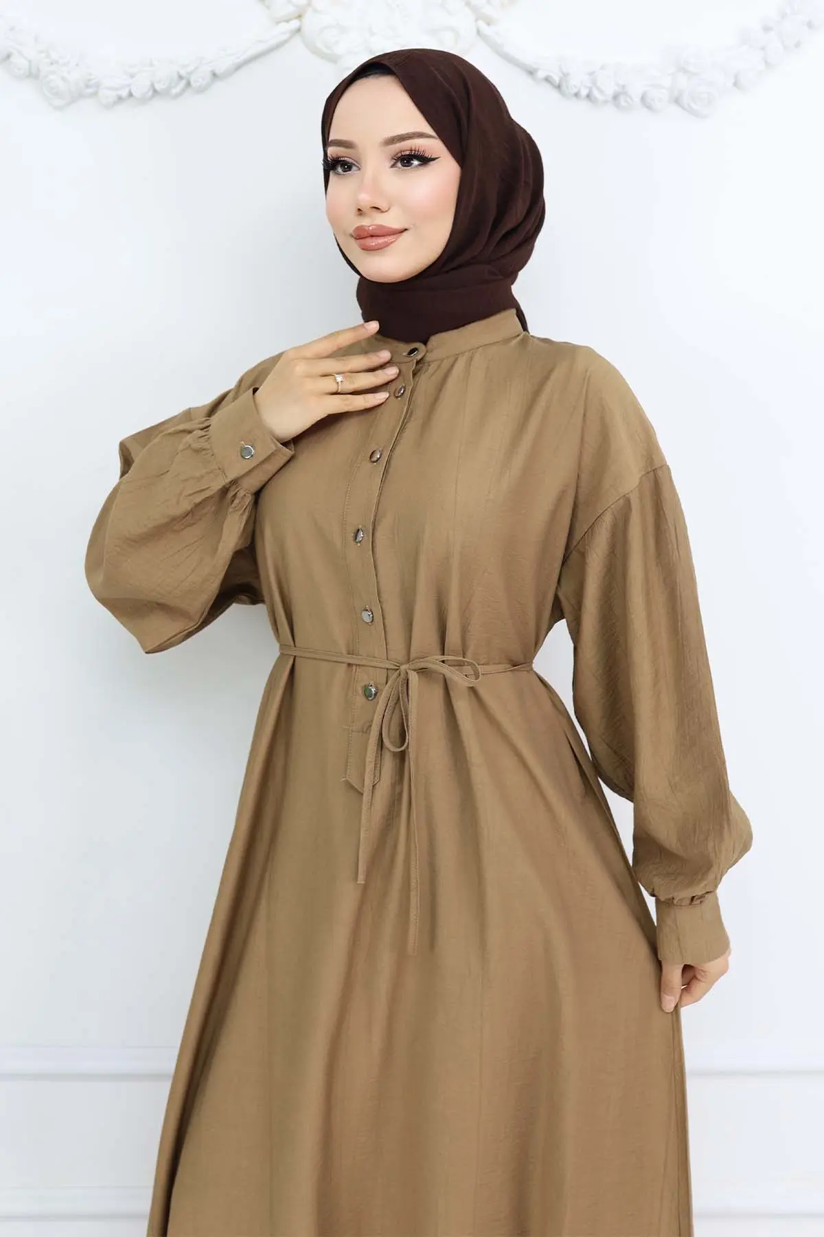 Önü Düğmeli Bağlamalı Elbise Vizon 2242-detail