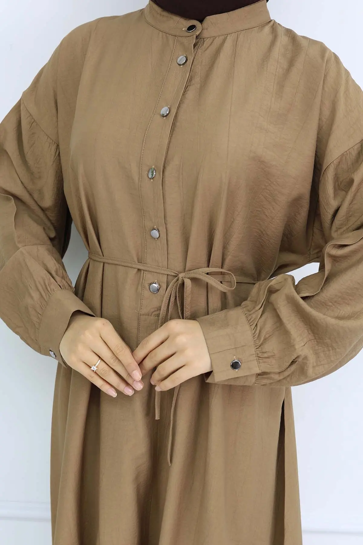 Önü Düğmeli Bağlamalı Elbise Vizon 2242-detail