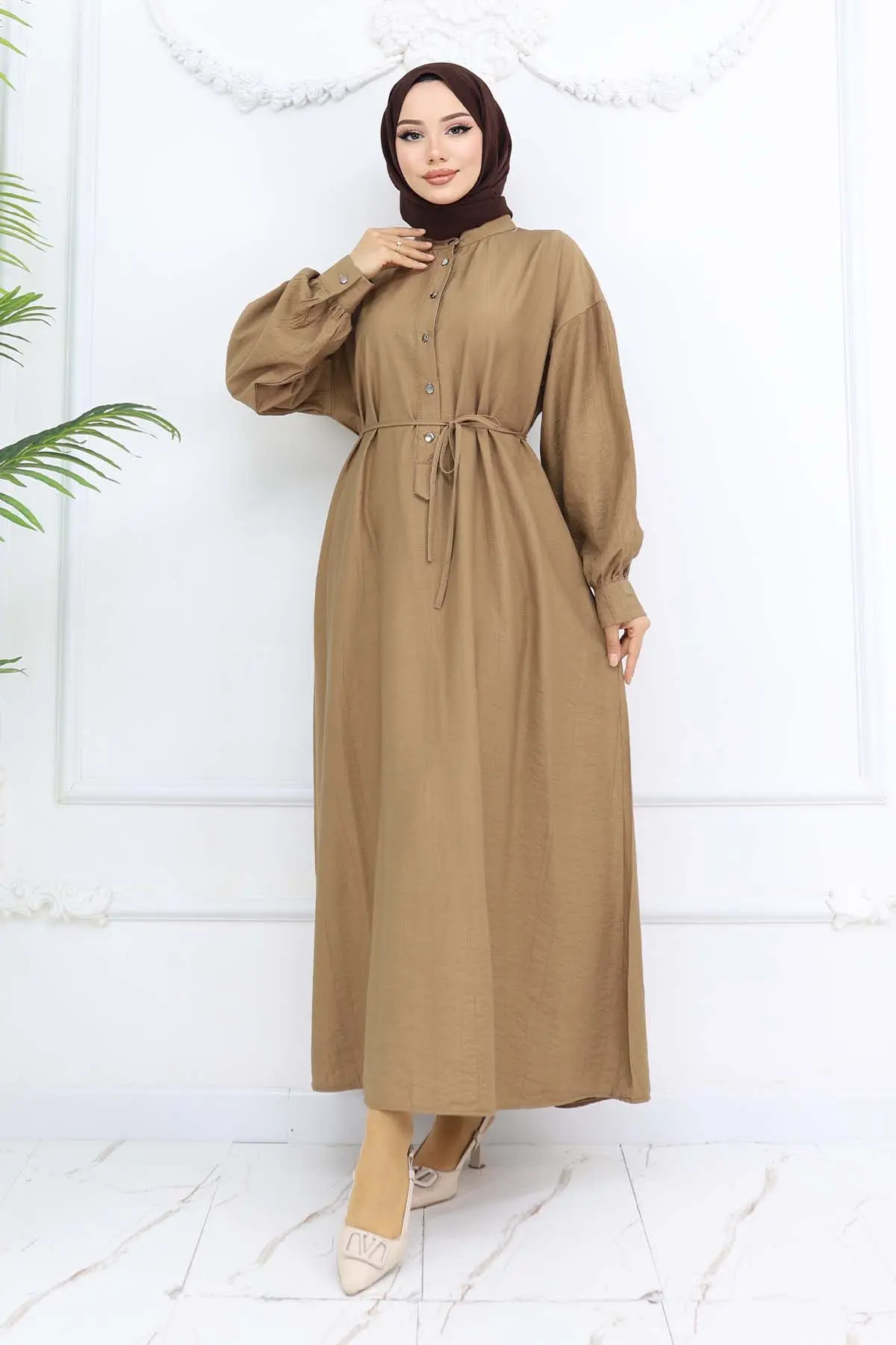 Önü Düğmeli Bağlamalı Elbise Vizon 2242-detail