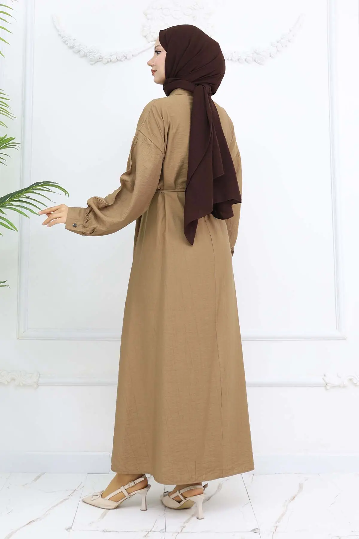 Önü Düğmeli Bağlamalı Elbise Vizon 2242-detail