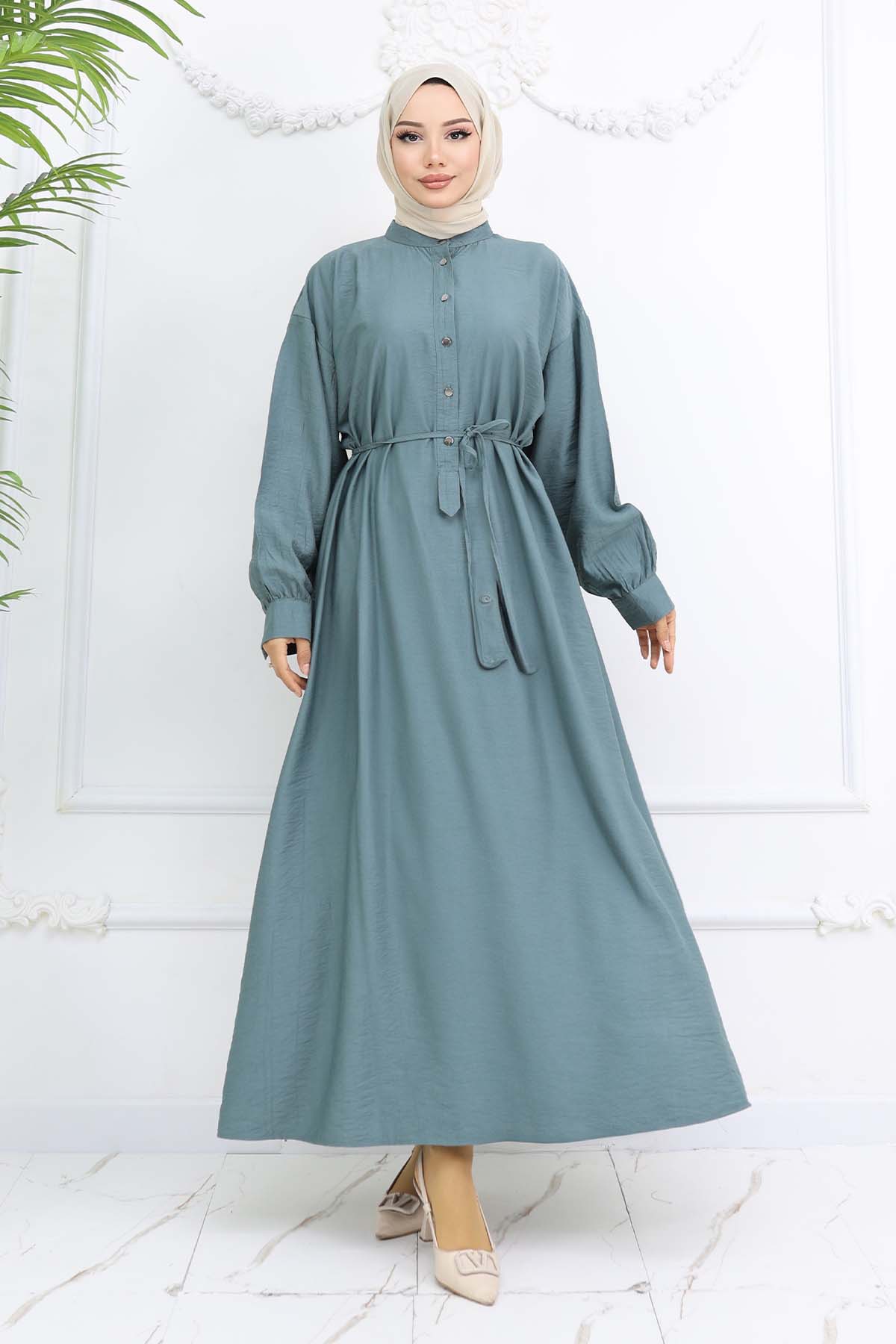 Önü Düğmeli Bağlamalı Elbise Çağla 2242