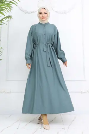 Önü Düğmeli Bağlamalı Elbise Çağla 2242