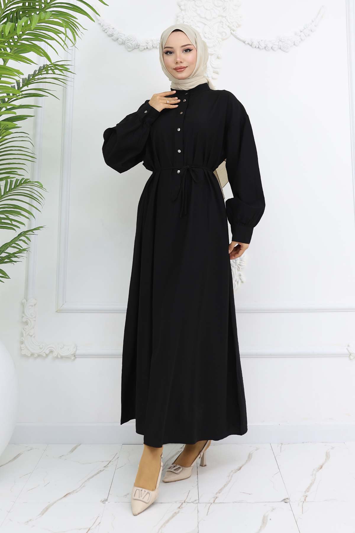 Önü Düğmeli Bağlamalı Elbise Siyah 2242