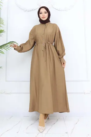 Önü Düğmeli Bağlamalı Elbise Vizon 2242