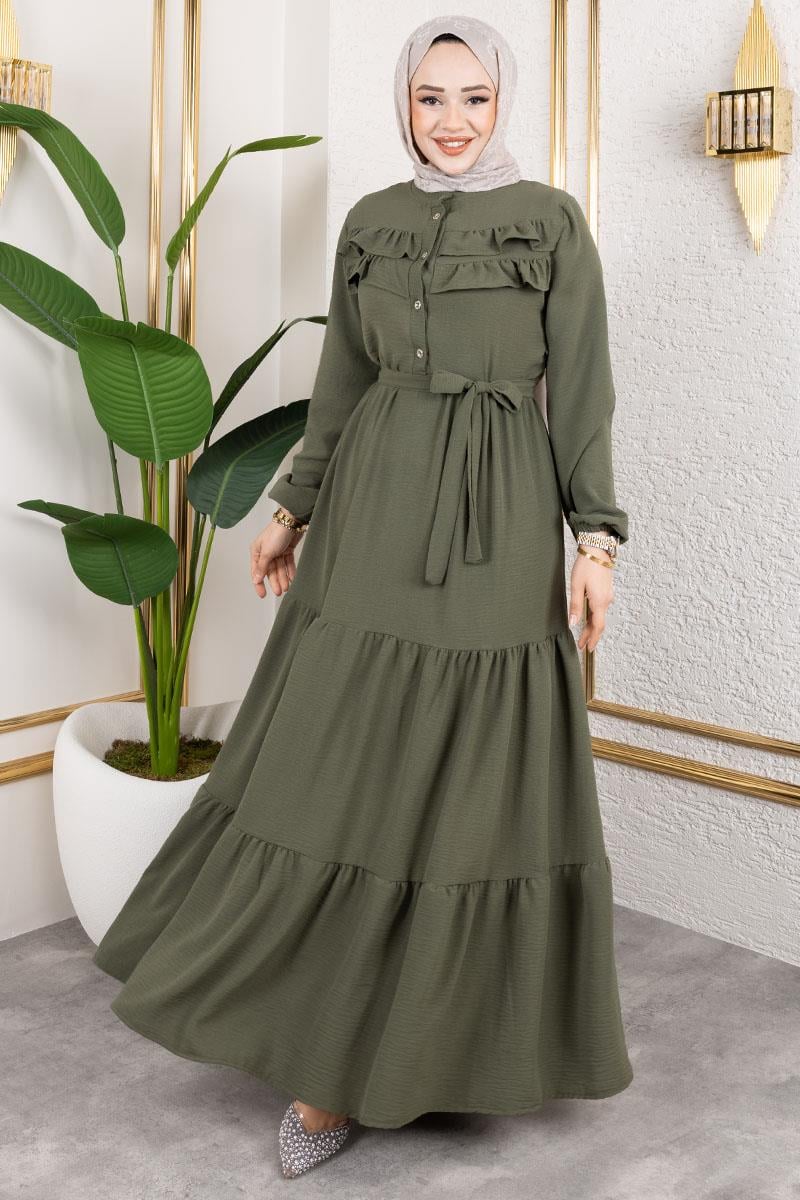 Önü Fırfır Detaylı Aerobin Elbise Haki